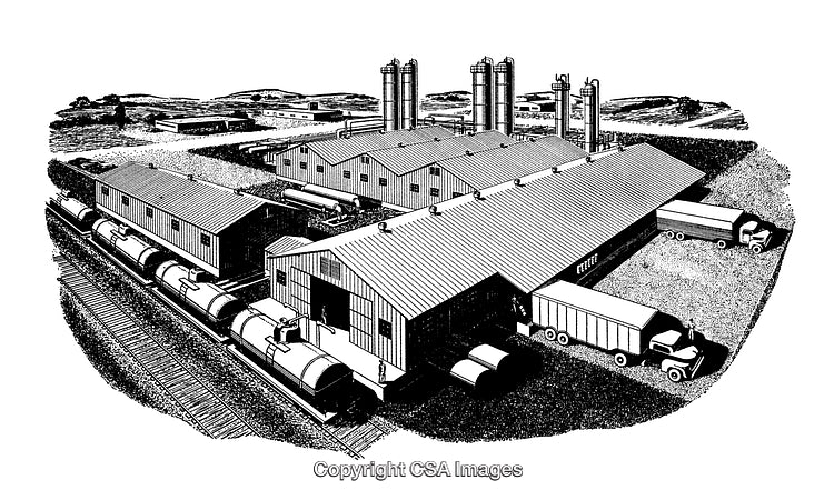 Industrial Facility Artwork Featuring Buildings, Trucks, and Rail Cars in Black and White