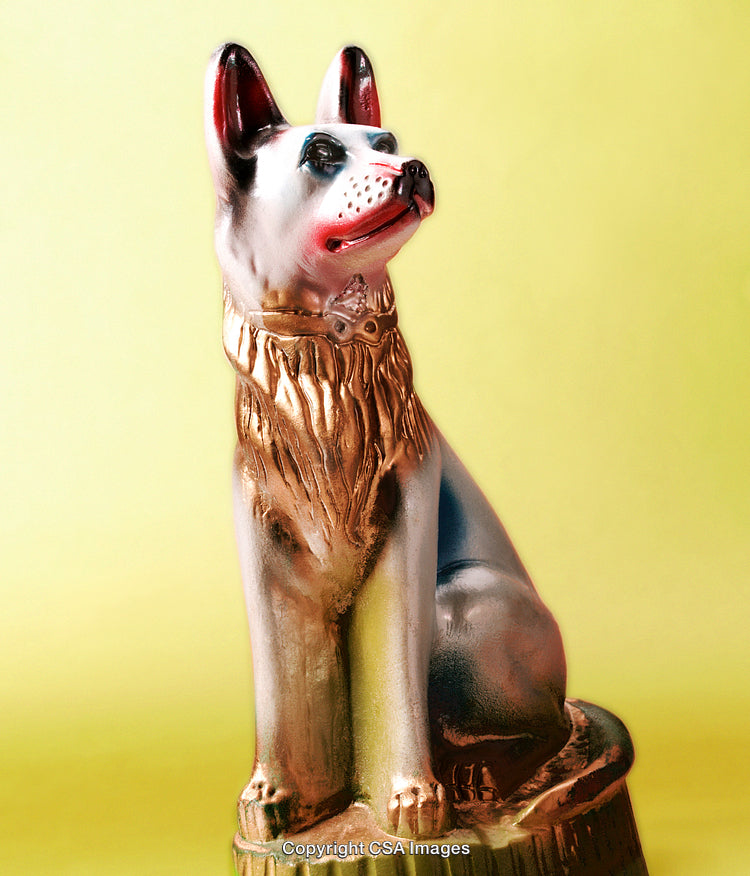 Decorative Ceramic-Like Dog Figurine on Vibrant Background
