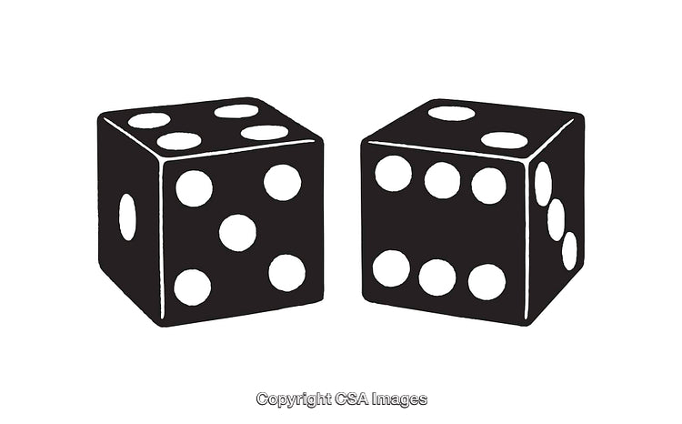 Black and White Line Art Illustration of Two Dice Showing Six and Five