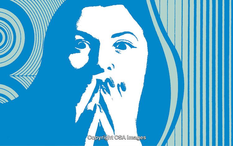 Surprised Woman in Artistic Blue Line Artwork with Abstract Patterns