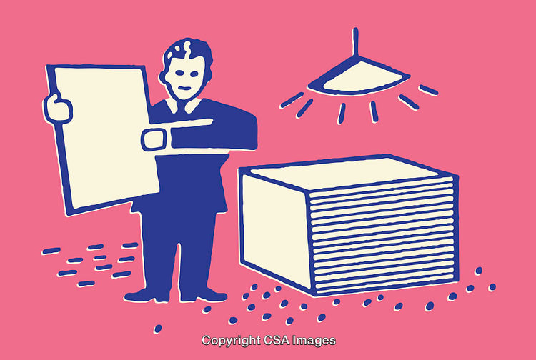 Illustration of a Worker Sorting Papers in an Office Environment