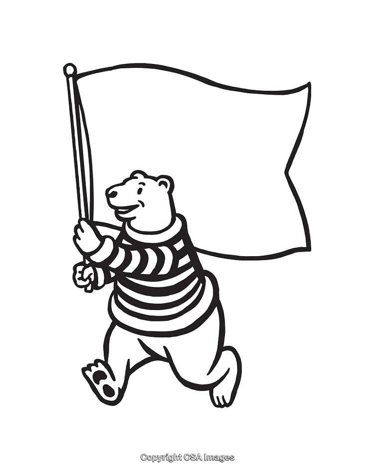Bear Carrying a Blank Flag in Black and White Line Art Illustration
