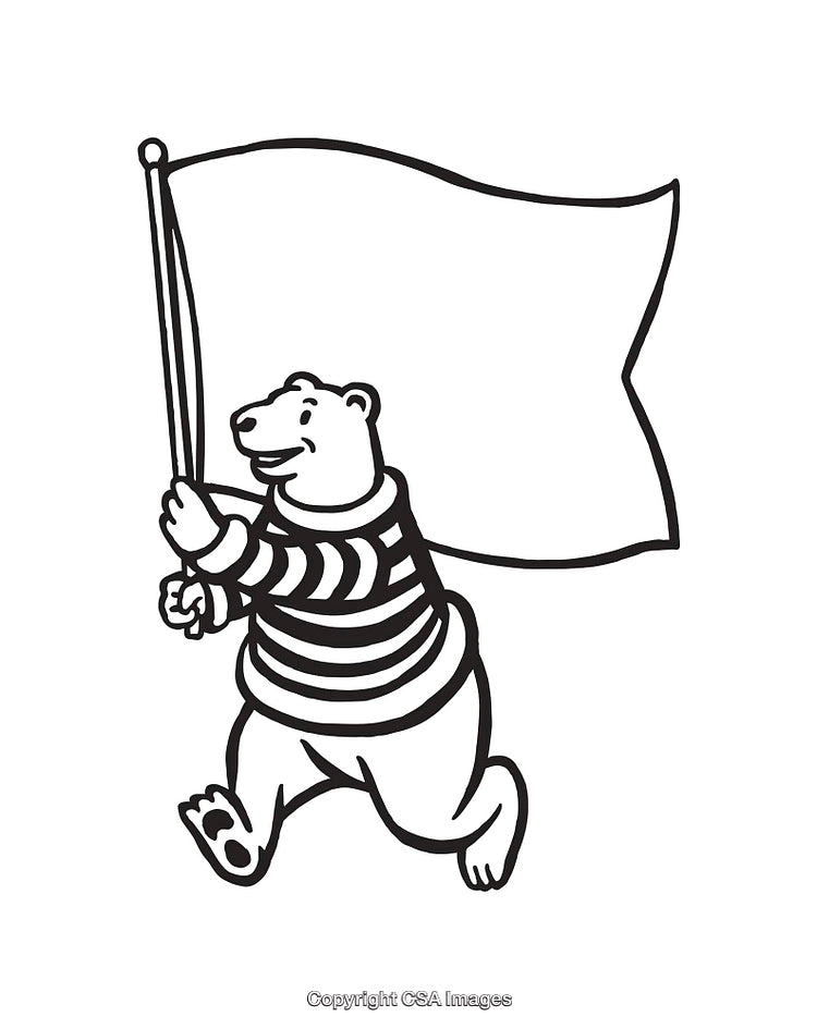 Bear Carrying a Blank Flag in Black and White Line Art Illustration