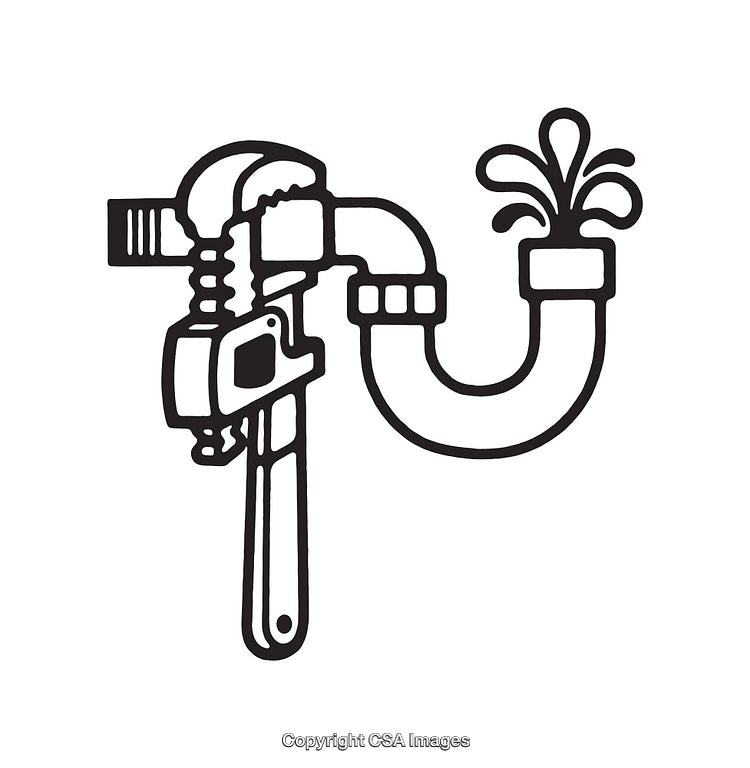 Black and White Line Art of a Pipe with Leakage and Wrench