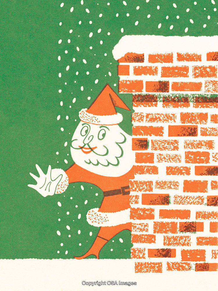 Santa Claus Waving Cheerfully Near a Snow-Covered Brick Chimney in a Winter Scene