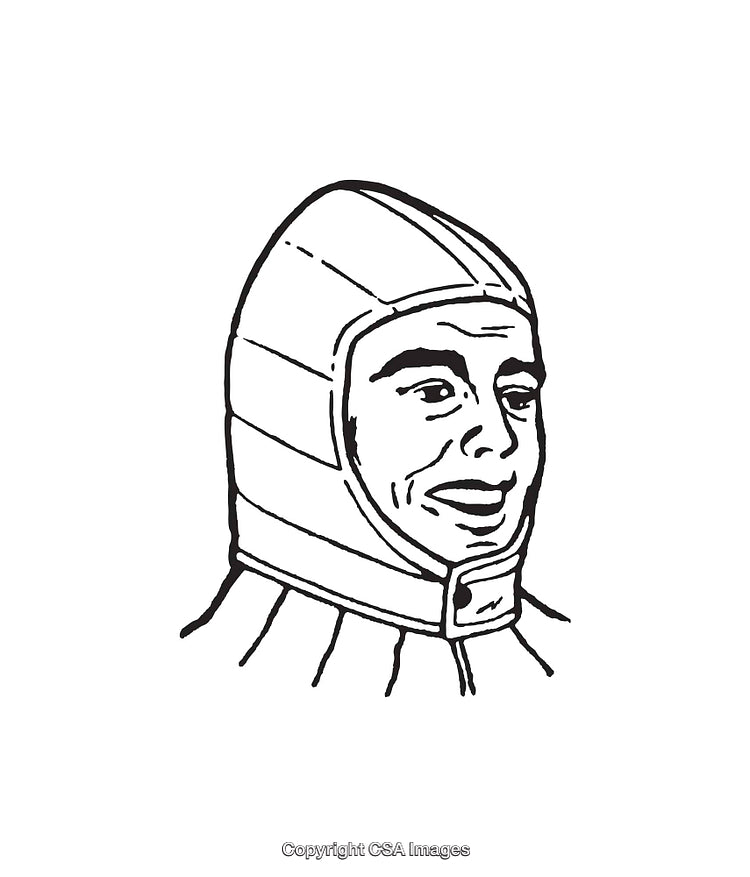 Black and White Line Art of Smiling Figure in Protective Headgear