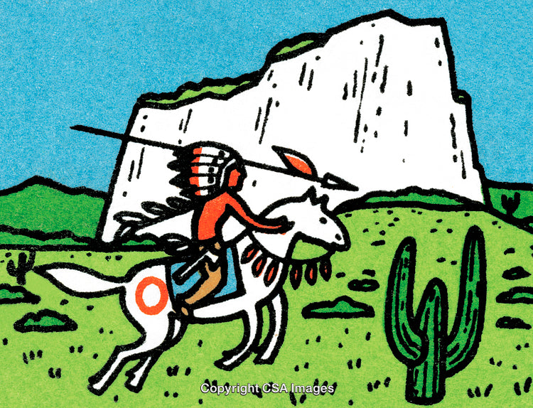 Native Figure on Horseback Against Desert Landscape Illustration