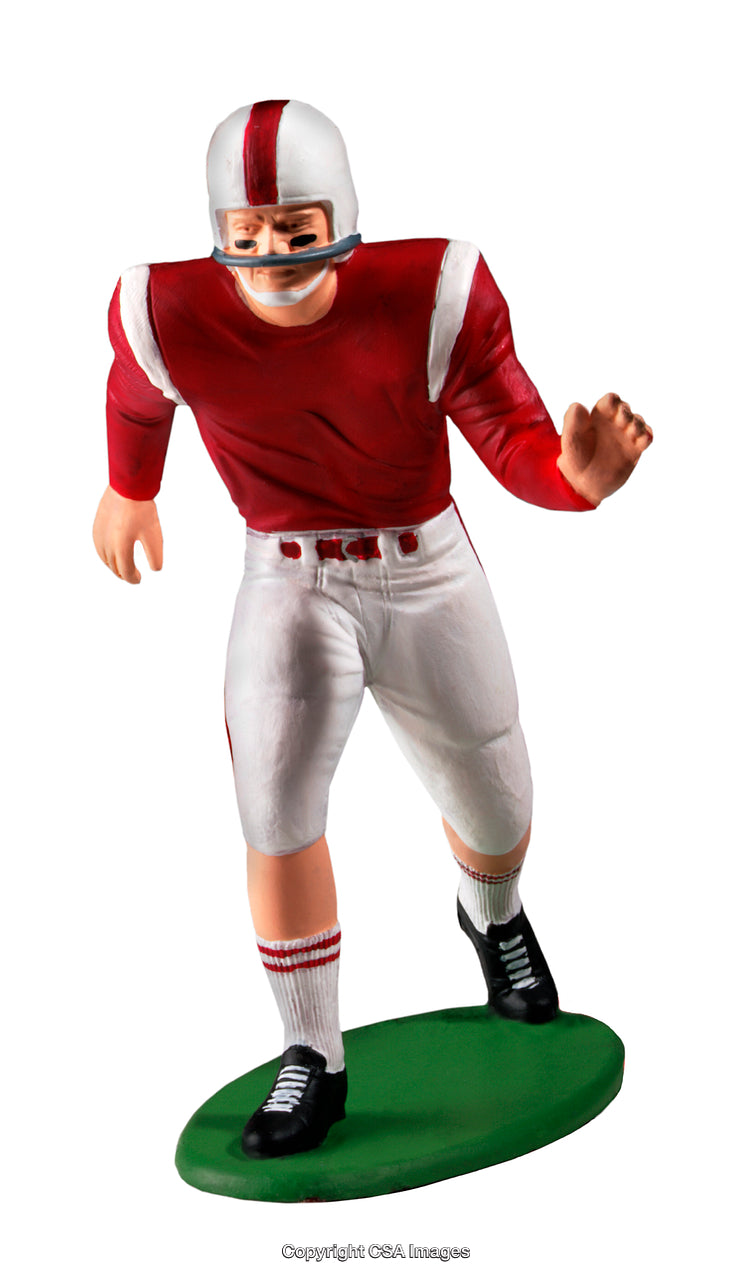Vintage Football Player Figurine Posed on a Green Base in Red and White