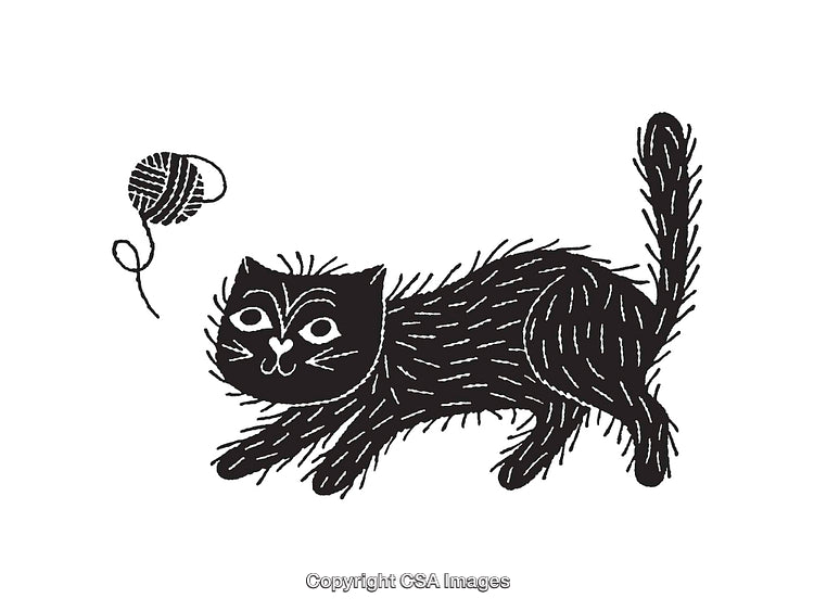 Playful Black Cat in Line Art with Yarn Ball