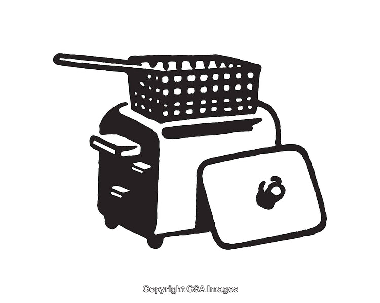 Black-and-White Line Illustration of Deep Fryer and Cooking Basket