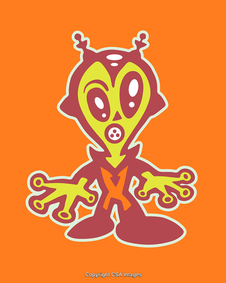 Colorful Alien Illustration Featuring Abstract Design and Bright Orange Background