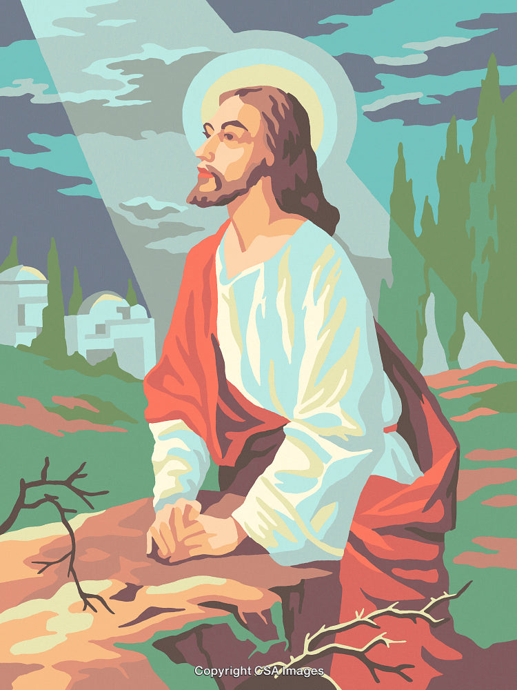 Paint by Numbers Jesus Illustration in Prayer with Radiant Halo and Serene Setting