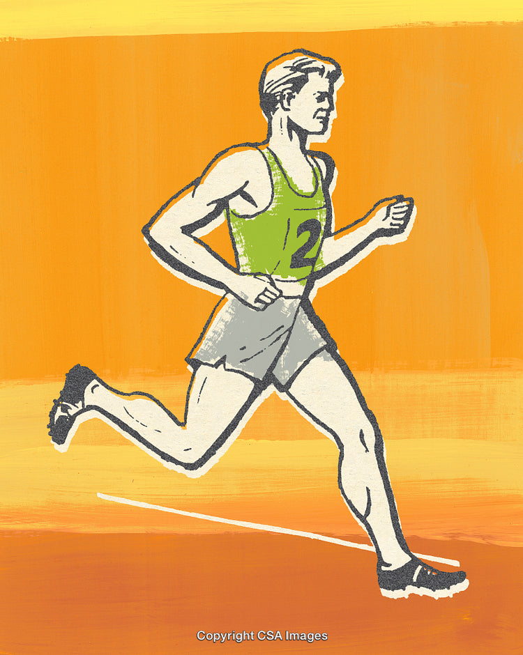 Vintage Styled Illustration of a Runner in Action Against an Orange Background