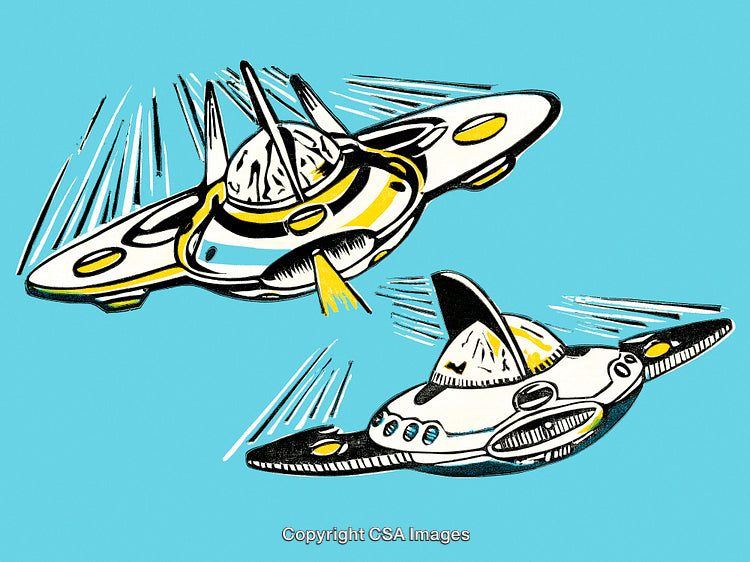 Colorful Illustration of Two Futuristic Spacecraft in a Science Fiction Style