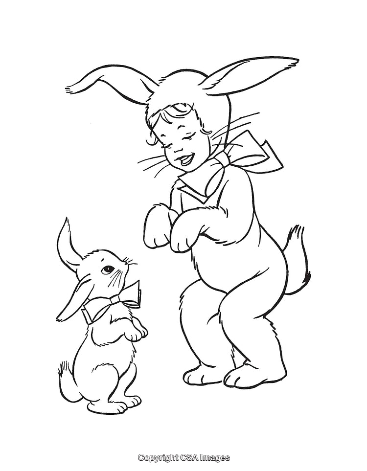 Black and White Illustration of a Child in Bunny Costume with Rabbit