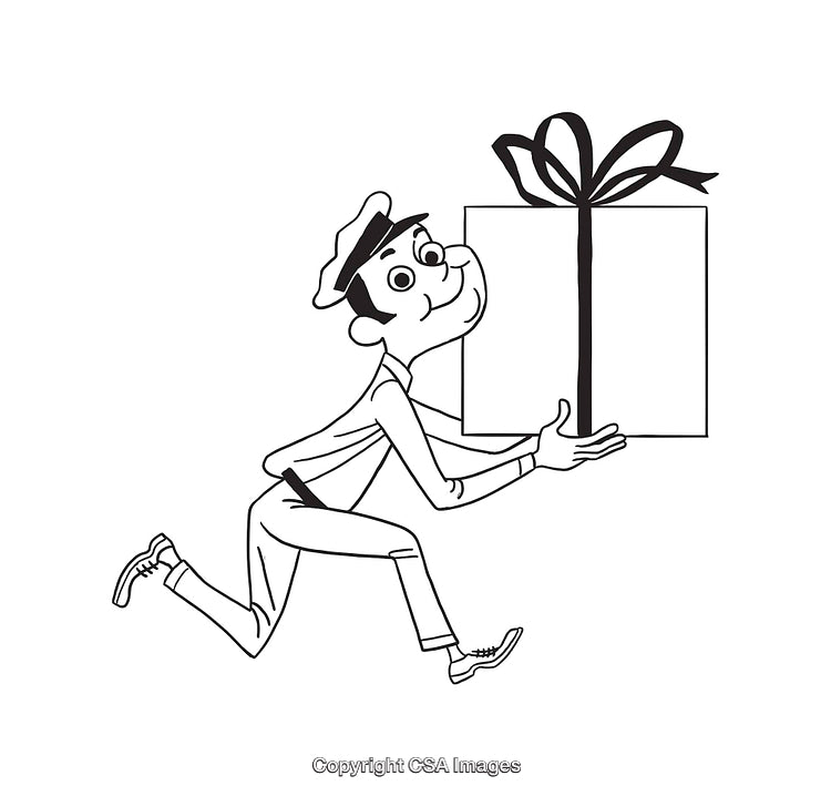 Retro-Style Black and White Illustration of a Man Carrying a Present