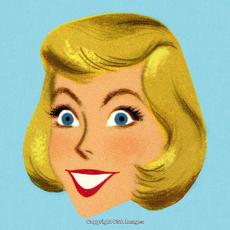 Retro Pop Art Illustration of a Smiling Blonde Woman on a Blue Background