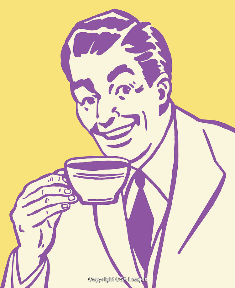 Retro-Style Illustration of a Smiling Man Drinking Coffee