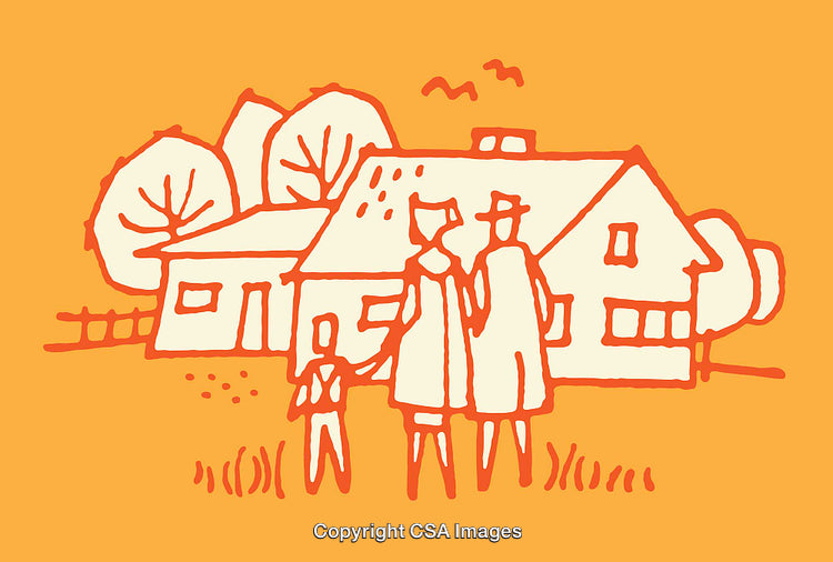 Illustrated Family Standing by a House in a Rustic Scene