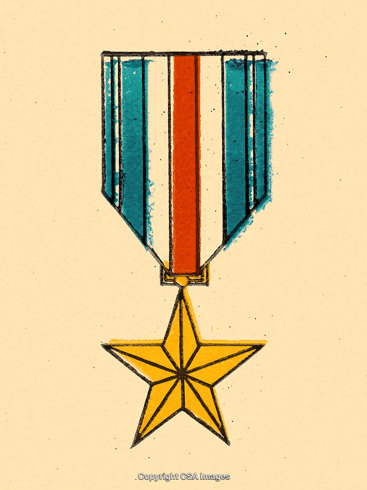 Gold Military Medal with Tricolor Ribbon Displayed on Beige Background
