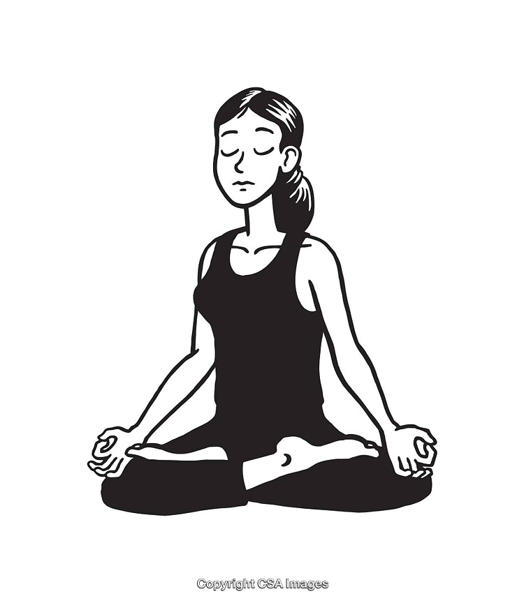 Black and White Line Art of a Woman Meditating in Lotus Position