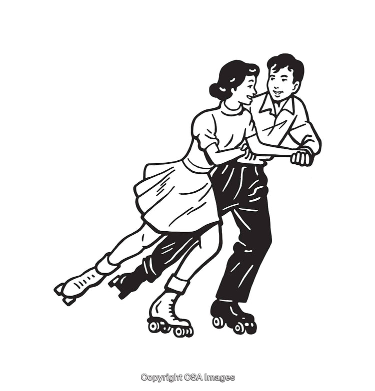 Retro Line Art of a Couple Roller Skating Together