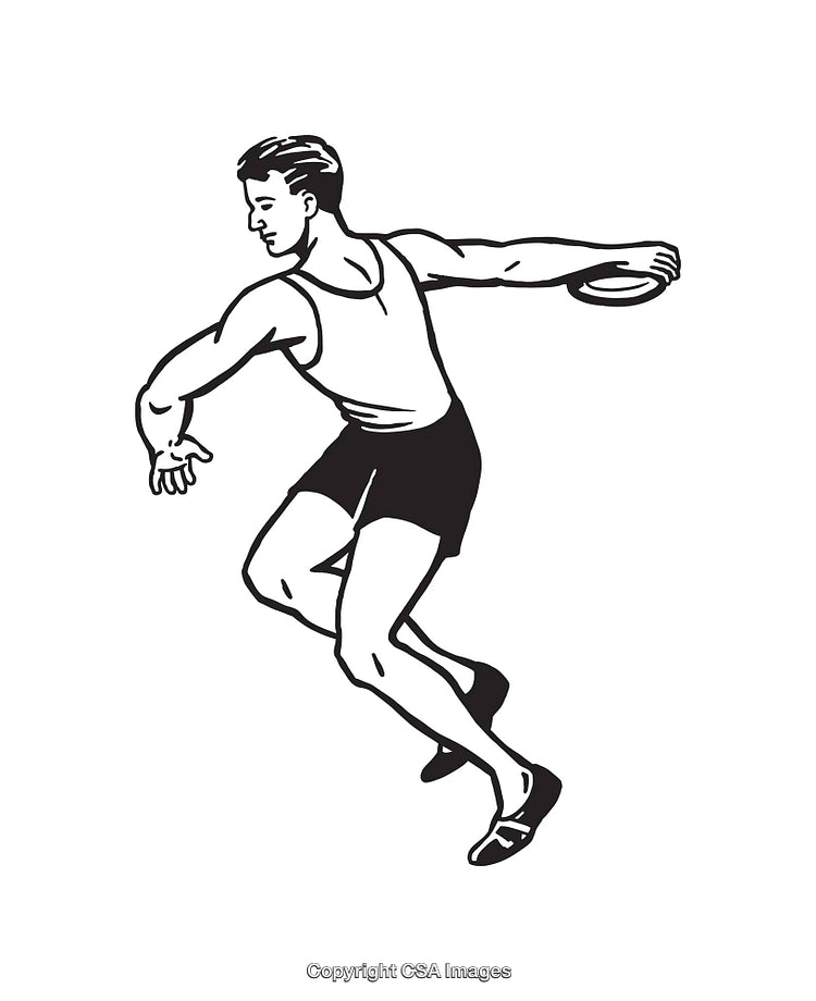Black and White Line Art of a Male Discus Thrower in Action