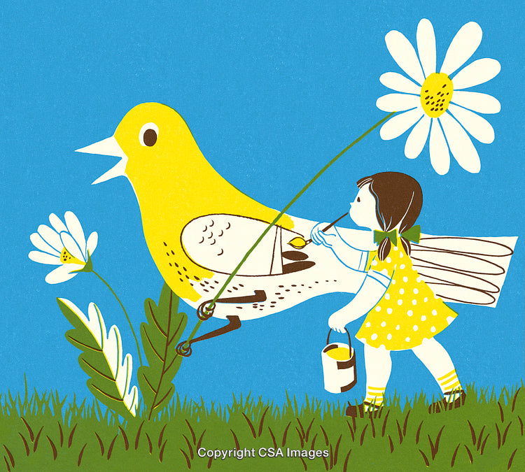 Whimsical Illustration of Child Leading a Giant Bird Among Daisy Flowers