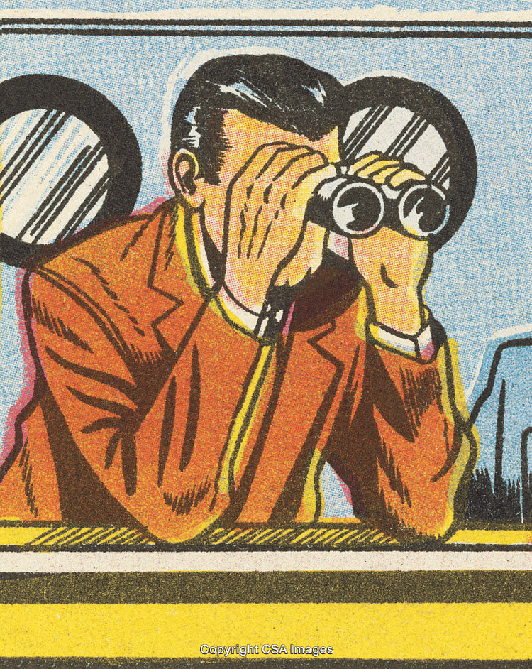 Retro Illustration of a Man Observing with Binoculars in a Classic Comic Style