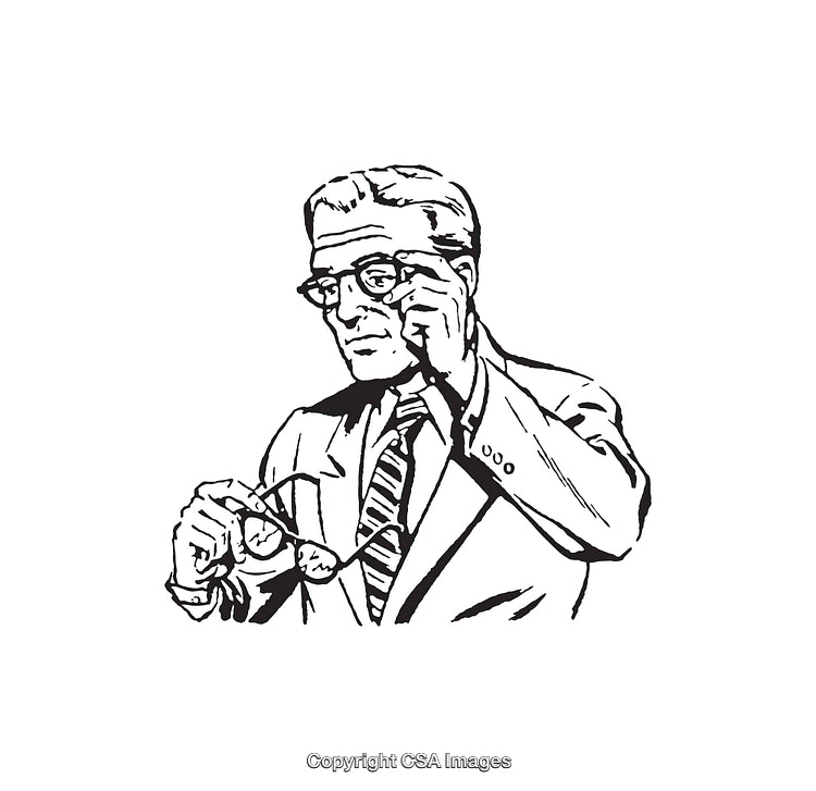 Vintage Line Art Illustration of a Man Wearing Glasses in Thought