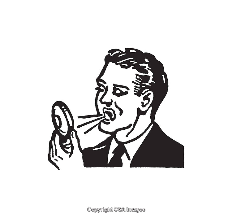 Black and White Illustration of Man Inspecting Breath with Mirror