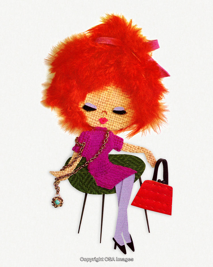 Felt Doll Fashion Design Illustration with Bright Hair and Stylish Accessories