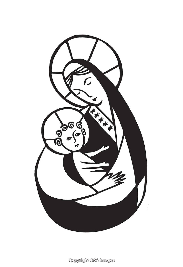 Black and White Line Art of Mother Holding Child Illustration