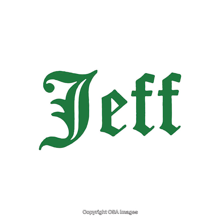 Elegant Green Text of 'Jeff' in Old English Typography on White Background