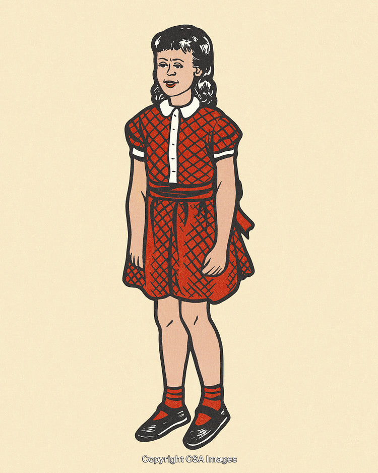 Vintage-Style Illustration of a Young Girl in a Red Dress