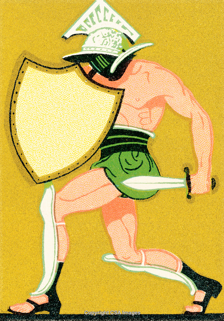 Illustration of Ancient Warrior in Helmet with Shield and Sword