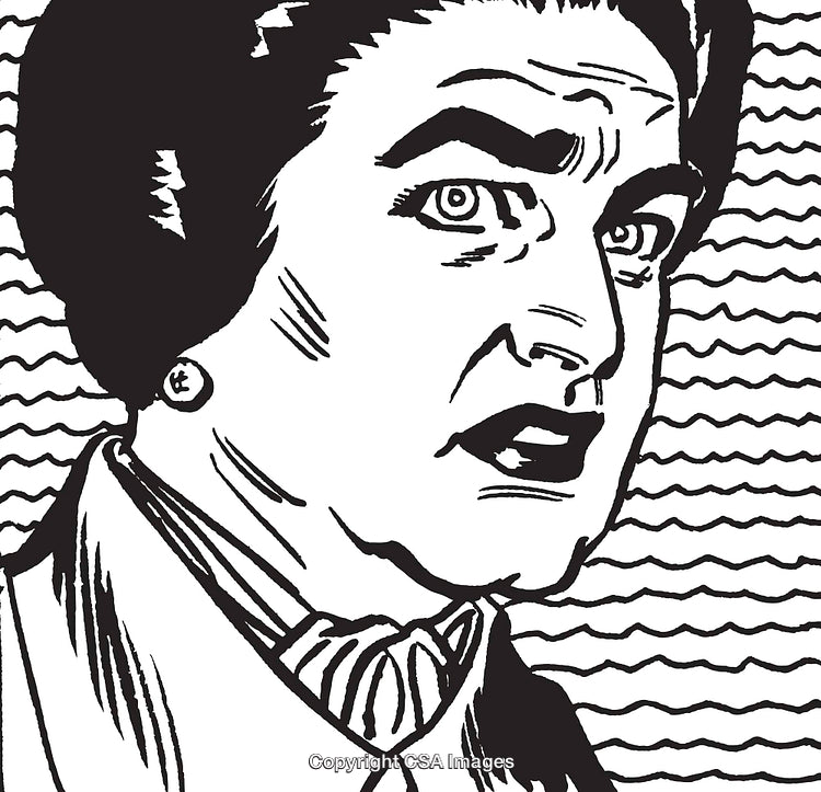 Vintage Graphic Illustration of a Woman's Surprised Expression in Black and White