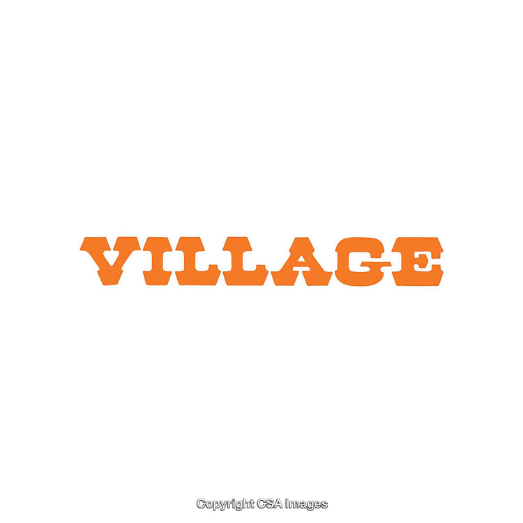 Orange Word Village in Bold Block Letters on White Background