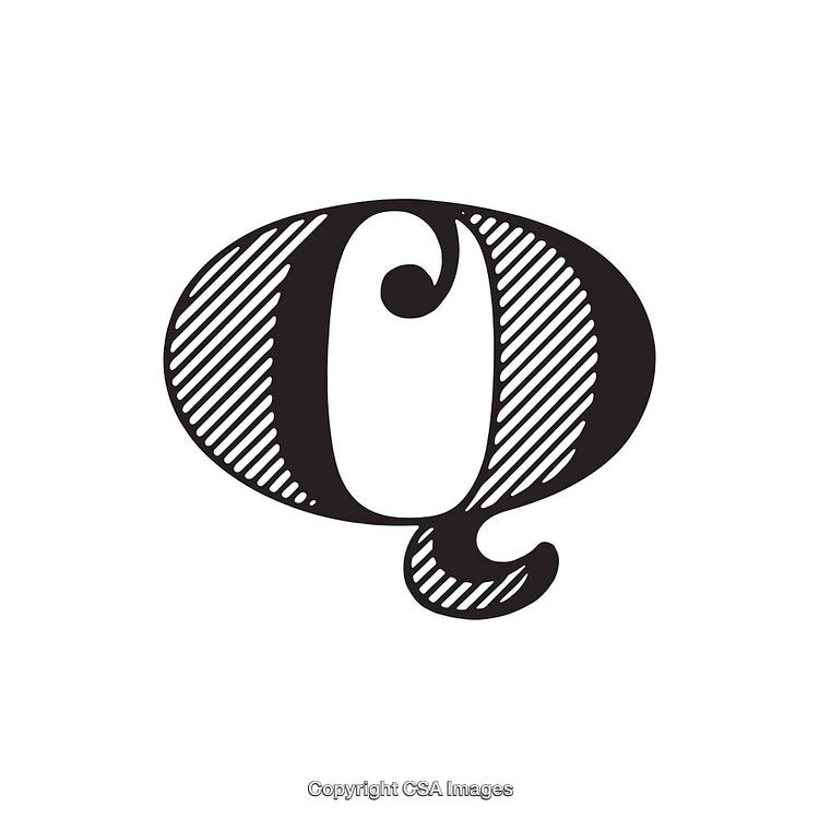 Elegant Black and White Illustration of the Letter Q with Artistic Details