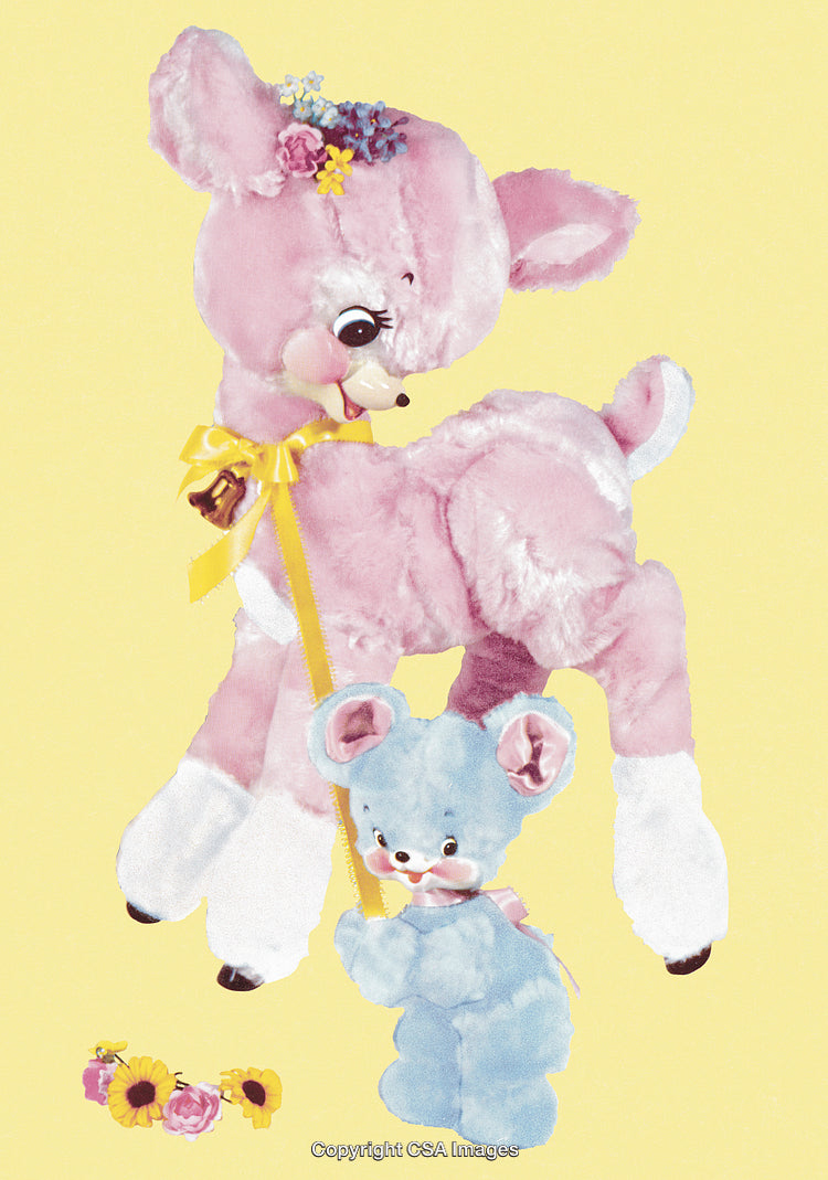 Cute Pink Fawn and Blue Bear Plush Toys Featuring Flower Accents on Yellow