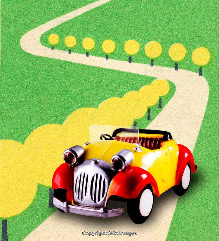 Vintage Toy Car on a Brightly Illustrated Winding Road Scene