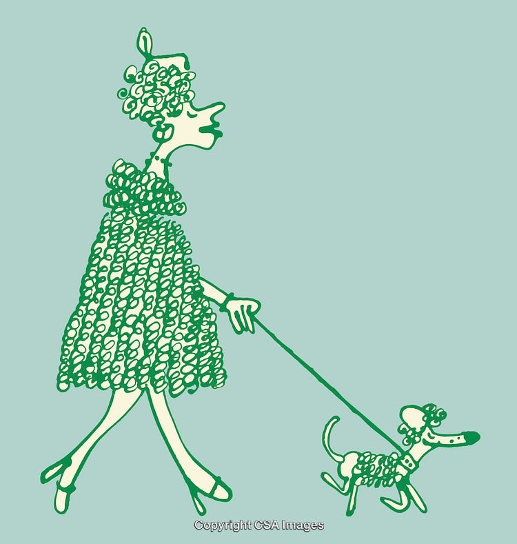 Whimsical Green Line Art of a Lady Walking a Dog