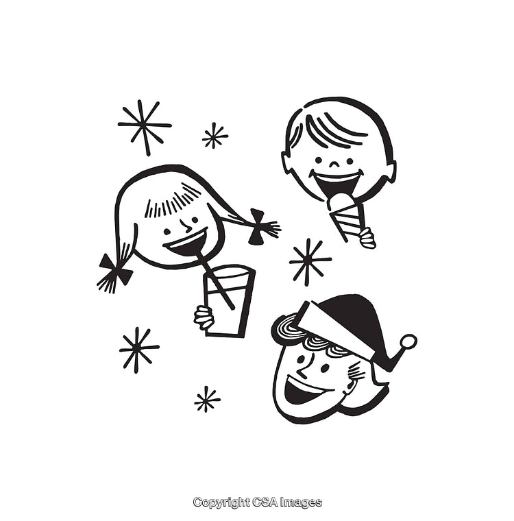 Retro Black And White Illustration of Happy Children Celebrating Together