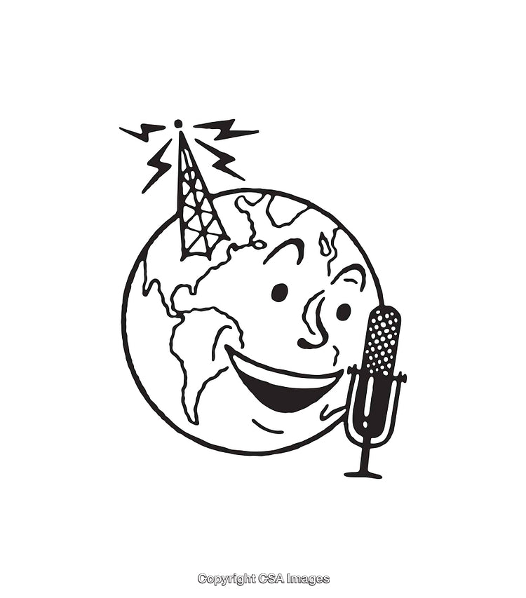 Smiling Earth Broadcasting with Microphone in Black and White Illustration