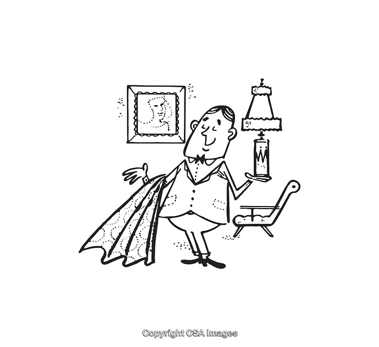 Vintage Line Art Illustration Featuring Man with Candle in Elegant Setting