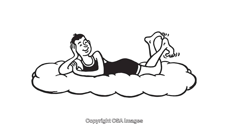Whimsical Black and White Line Art of Relaxed Figure on a Cloud