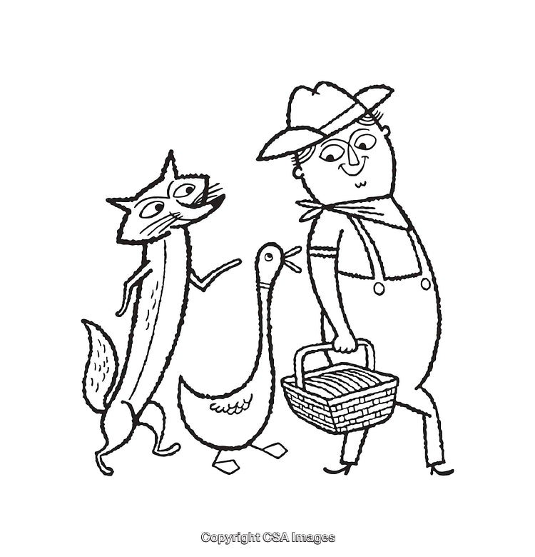 Whimsical Line Art with Farmer, Goose, and Fox Characters
