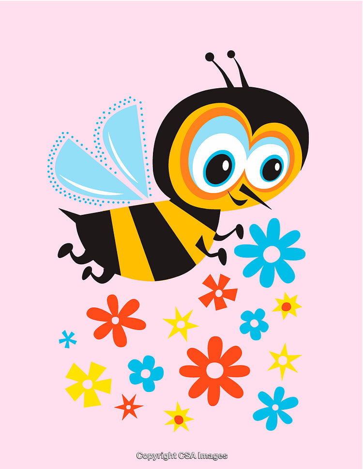 Colorful Cartoon Bee Among Playful Flowers on a Pink Background