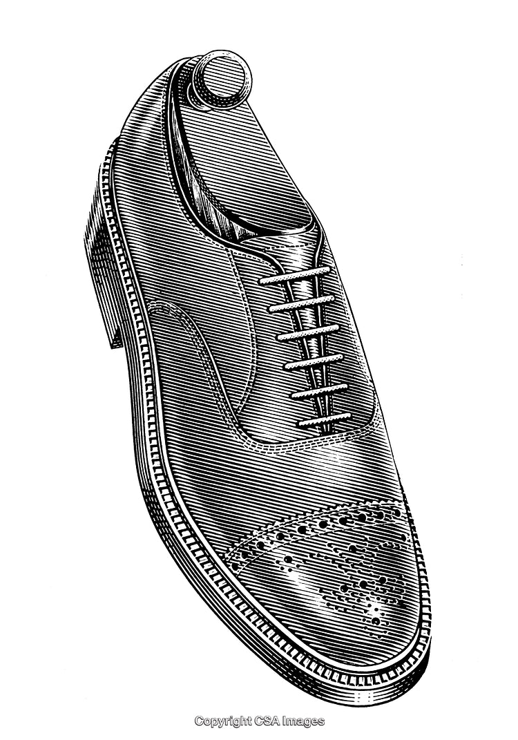 Intricate Black and White Engraving of a Classic Oxford Dress Shoe