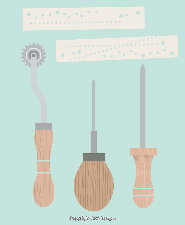 Set of Leatherworking Tools Illustrated with Wooden Handles and Craft Patterns